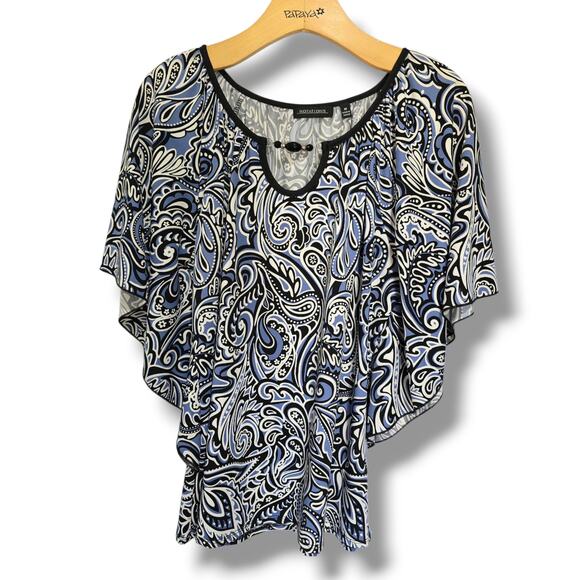 Notations Women’s Blue Black Paisley Print Blouse Medium Beaded Keyhole Top - Picture 1 of 9
